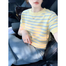 批发多巴胺黄色条纹圆领针织短袖T恤女款2026夏季巨好看独特漂亮上衣