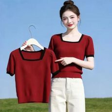 批发美式撞色方领短袖针织衫女2026夏季新款纯欲风小个子时髦减龄上衣