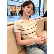 批发韩系甜美学院风杏色圆领条纹短袖<b class='q'>针织衫</b><b class='q'>女</b>春夏季穿搭内搭打底上衣