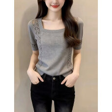 批发复古灰色镂空方领<b class='q'>针织</b>短袖T恤<b class='q'>女</b>夏季新款独特绝美巨好看的小上衣