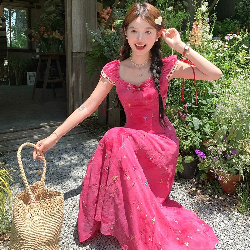 acaine 로즈 레드 홀치기 염색 자수 롱 코트 광장 칼라 거품 소매 허리 수축 슬립 여성 드레스 여름 프랑스식 치마