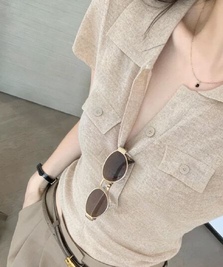 오래된 돈 바람 POLO 칼라 긍정적 인 어깨 반팔 티셔츠 여성 여름 고급 센스 몸매 가꾸기 쇼트 스타일 니트 스웨터 폴로 칼라 맨위 얇은
