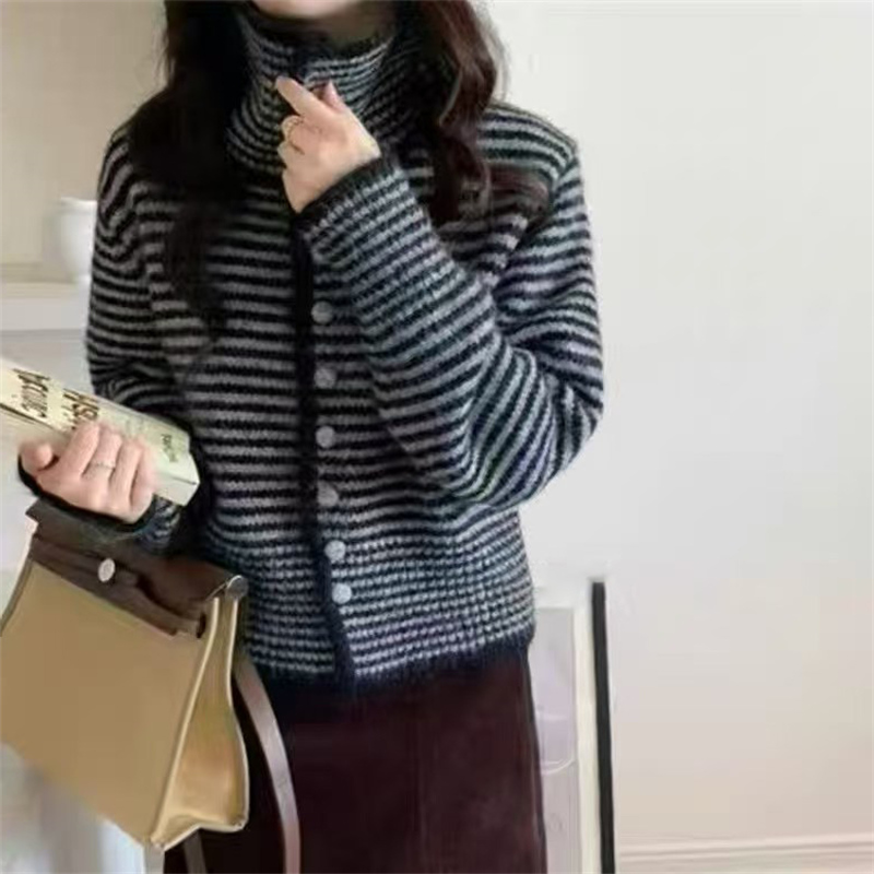soolrok 소나무 아니요 라임 하나 양 낙타 털 부드럽다 두꺼운 제직 스트라이프 배색 뒤집다 스탠드 칼라 스웨터