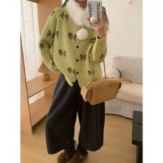 批发日系慵懒风花朵<b class='q'>毛衣</b>外套新款宽松显瘦软糯针织开衫上衣