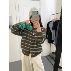 批发韩系松弛感灰色条纹针织开衫女软糯圆领宽松百搭慵懒<b class='q'>毛衣</b>外套秋冬