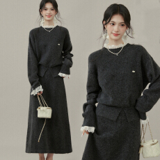 批发深灰色针织<b class='q'>毛衣</b>半身裙女2026秋冬季新款两件套