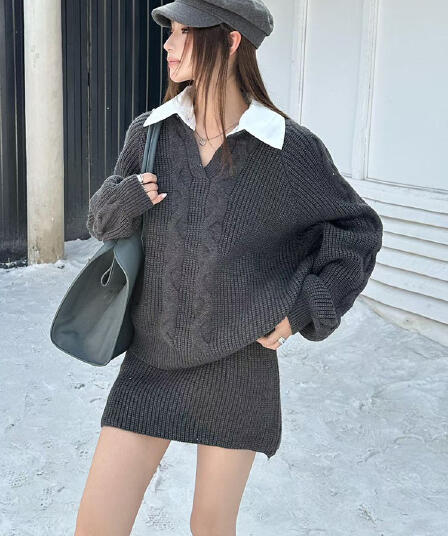 한 셔츠 칼라 스웨터 세트 여성 패치워크 색상 칼라 페이크 레이어드 맨위 하이웨이스트 미니 스커트 투피스 세트