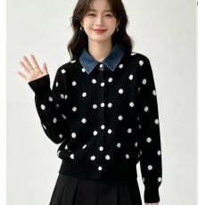 批发法式波点假两件牛仔拼接POLO领针织衫软糯减龄<b class='q'>毛衣</b>外套秋冬季新款