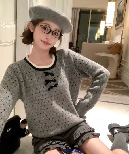 가을 겨울 새로운 달콤함 일본식 베이비 칼라 도트 무늬 레이스 나비 매듭 스웨터 느긋한 디자인 센스 다용도 맨위 여성