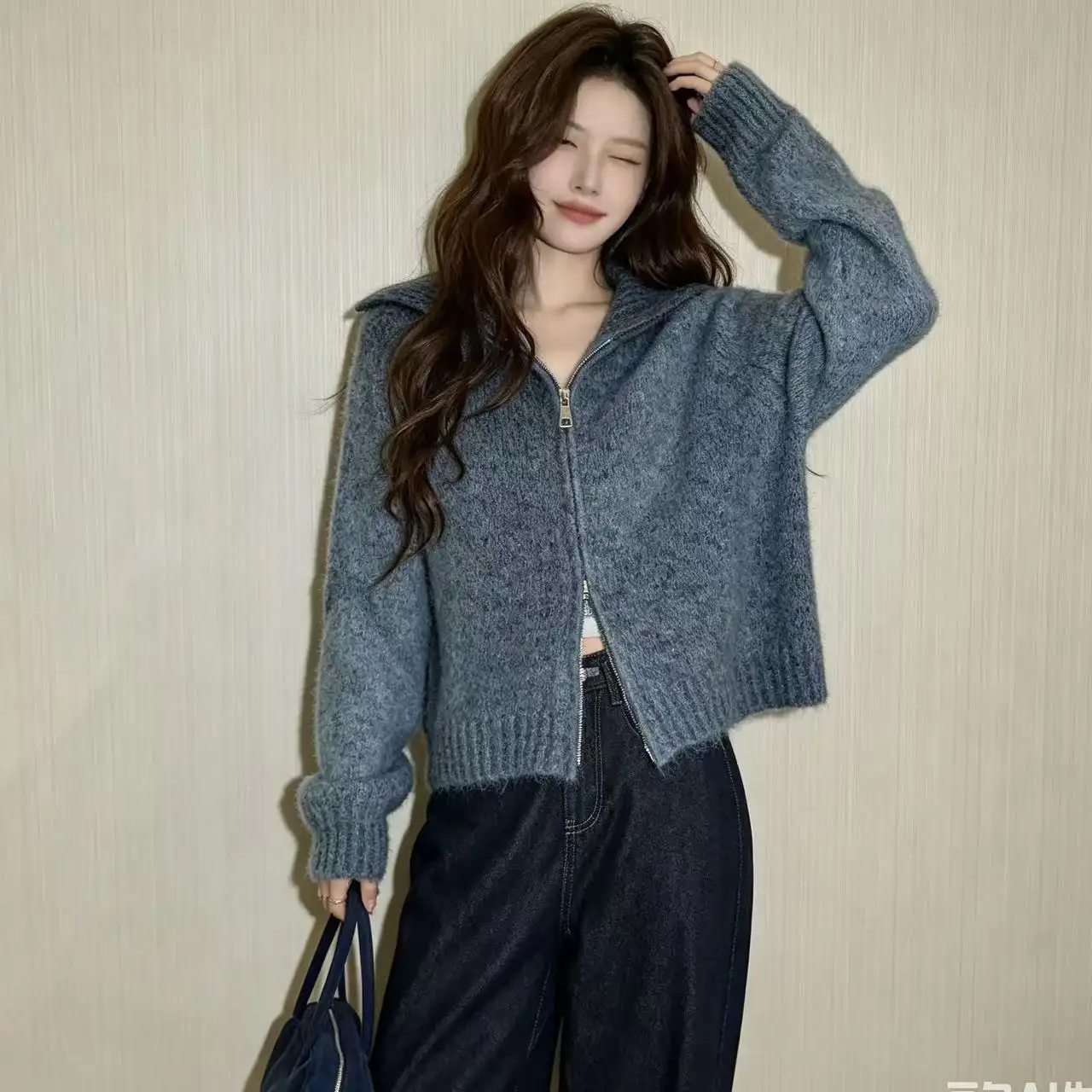 퍼플 더블 지퍼 폴드 칼라 가디건 상세 이미지 2