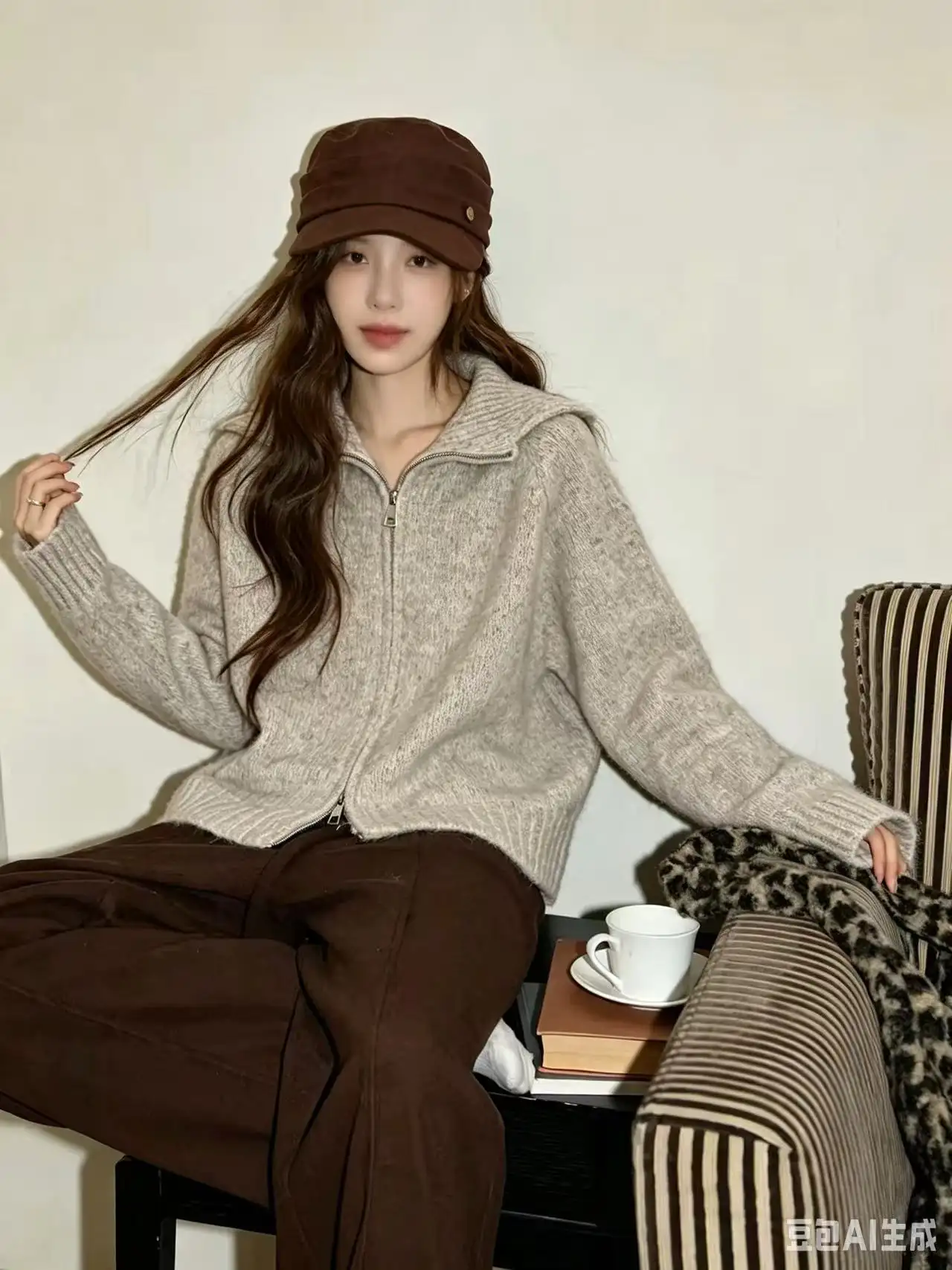 퍼플 더블 지퍼 폴드 칼라 가디건 상세 이미지 3