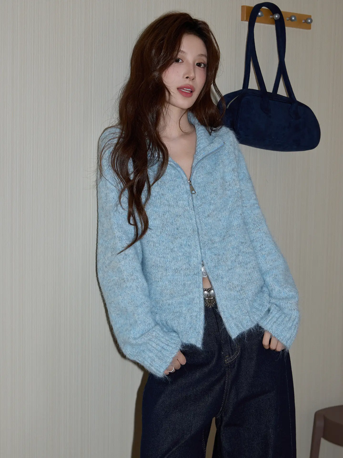 퍼플 더블 지퍼 폴드 칼라 가디건