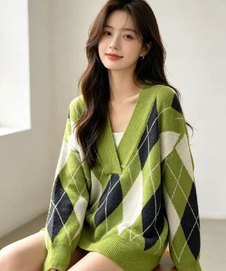 코치 바람 링 그리드 자카드 니트 스웨터 여성 2026 가을 겨울철 스택 가져 가라. 학원 스타일 녹색 루즈핏 빅 브이 넥 스웨터