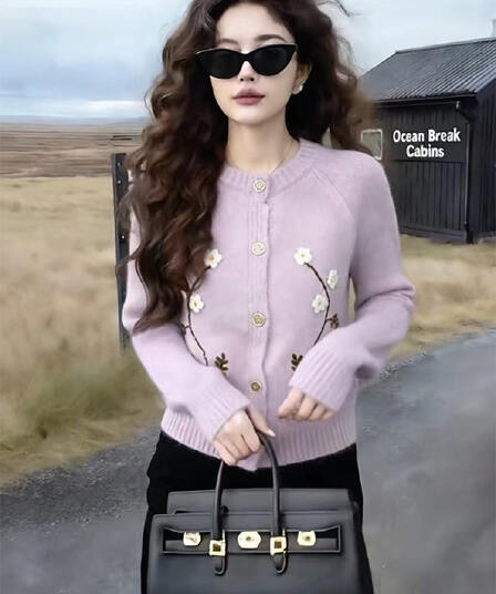 한 부서 꽃 가지 자수 니트 오픈 가디건 베이지 색 부드러운 찹쌀 양모 질감 루즈핏 슬림해 보이는 출퇴근 스웨터 여성 코트