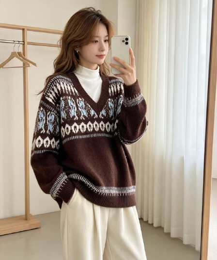 아름다움 라드. 커피 색상 공정한 섬 자카드 V넥 스웨터 여자 루즈핏 느긋한 두꺼운 스택 착용 니트 맨위 가을과 겨울