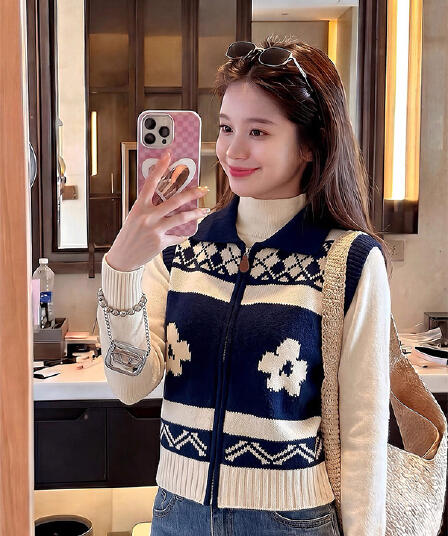레트로 폴로 칼라 지퍼 니트 오픈 가디건 조끼 여자 가을 빅 사이즈 마이크로 지방 mm 자카드 스택 착용 조끼 외부 잡아라. 의류