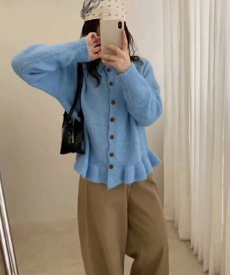 한 부서 라운드 넥 나무 버클 프릴 니트 오픈 가디건 여성 가을 부드러운 찹쌀 루즈핏 느긋한 바람 레이스 스웨터 코트