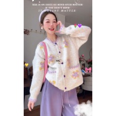 批发法式复古花朵撞色毛衣外套女早春新款<b class='q'>甜美</b>温柔风减龄针织开衫上衣