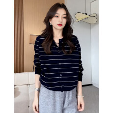 大码条纹慵懒毛衣针织衫女秋装新款胖mm宽松遮肚显瘦内搭外穿上衣