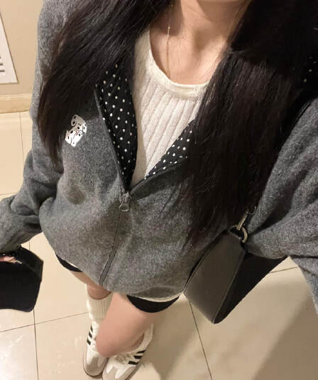 한 부서 느긋한 학원 스타일 후드 도트 무늬 회색 스웨터 오픈 가디건 여성 가을 겨울 루즈핏 지퍼 니트 재킷 맨위