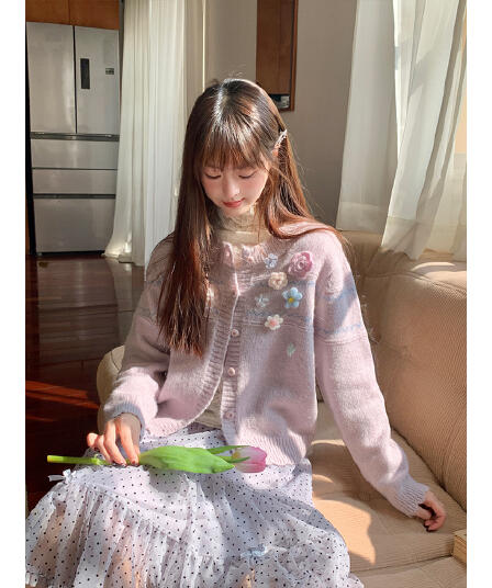 작은 키 달콤한 스타일 3 차원 꽃 니트 오픈 가디건 봄 긴팔 여성 코트