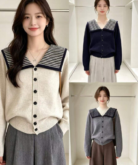한 부서 빅 사이즈 지방 mm 느긋한 루즈핏 슬림해 보이는 해군 칼라 니트 오픈 가디건 맨위 봄 연령 감소 스웨터 여성 코트
