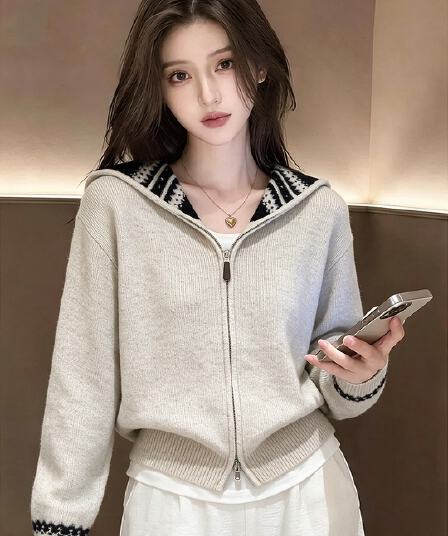 보존 추천 섹션 한국 스타일 학원 스타일 패치워크 색상 해군 칼라 니트 오픈 가디건 스웨터 코트 맨위 여성 가을 겨울철