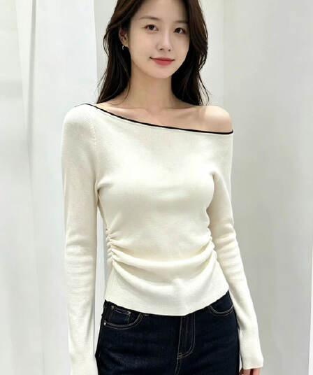 고급 센스 비스듬한 어깨 니트 스웨터 여성 긴 소매 오프숄더 몸매 가꾸기 디자인 센스 인사이드 가져 가라. 기본 셔츠 아메리칸 핫걸 맨위