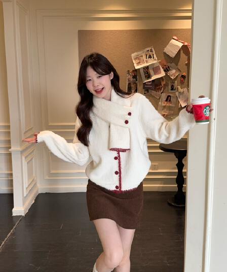 달콤한 스타일 배색 패치워크 품격 긴팔 스웨터 오픈 가디건 여성 가을 루즈핏 다용도 캐주얼 재킷