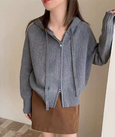 가을 겨울 새로운 여성 한국 스타일 루즈핏 패션 단색 후드 오픈 가디건 다용도 캐주얼 두꺼운 더블 지퍼 스웨터 코트