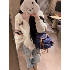 批发四条杠刺绣小狗针织连帽<b class='q'>开衫</b>圈圈毛上衣拉链毛衣外套女