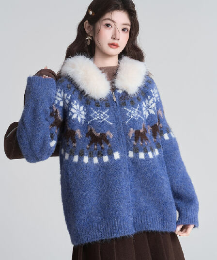 파란색 공정한 섬 모피 칼라 스웨터 여자 봄 캐주얼 루즈핏 느긋한 바람 부드러운 찹쌀 니트 스웨터 맨위