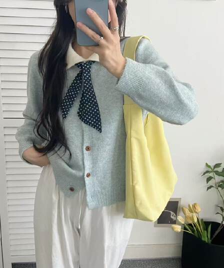 프랑스식 POLO 칼라 니트 오픈 가디건 여성 가을 겨울 부드러운 바람 도트 무늬 나비 넥타이 와이드 부드러운 찹쌀 스웨터 외부 잡아라. 의류