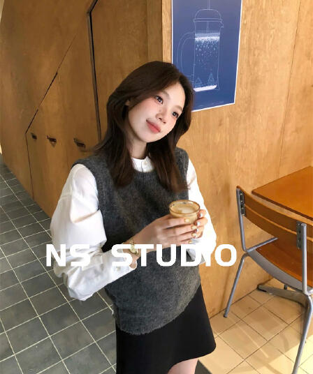 민소매 맨위 회색 조끼 베스트 어깨 스택 착용 느긋한 바람 니트 스웨터 풀오버 스웨터 여자 가을
