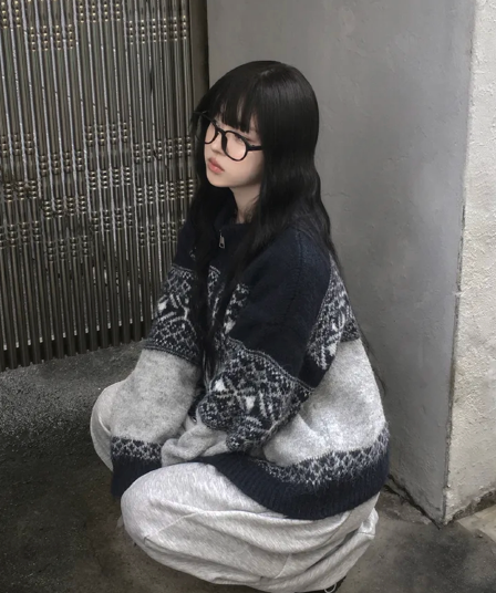 가을철 일기 공정한 섬 눈꽃 니트 지퍼 셔츠 따뜻한 부드럽다 찹쌀 레트로 캐주얼 루즈핏 스웨터 코트