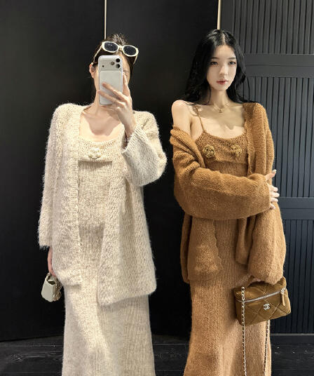회색 재 홈 니트 세트 가을 양모 오픈 가디건 스웨터 인사이드 가져 가라. 슬립 드레스 투피스 세트