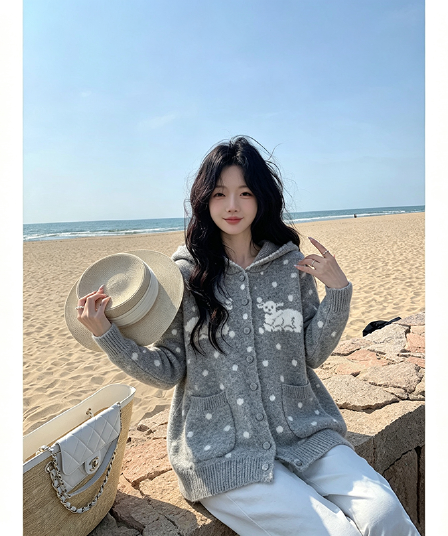 한 부서 어린 양 도트 무늬 후드 니트 오픈 가디건 여성 가을 겨울 와이드 부드러운 찹쌀 느긋한 바람 주머니 스웨터 코트