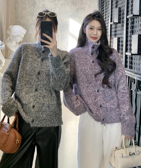 회색 재 홈 양모 레트로 느긋한 바람 터틀넥 니트 오픈 가디건 스웨터 여자 겨울 루즈핏 맨위