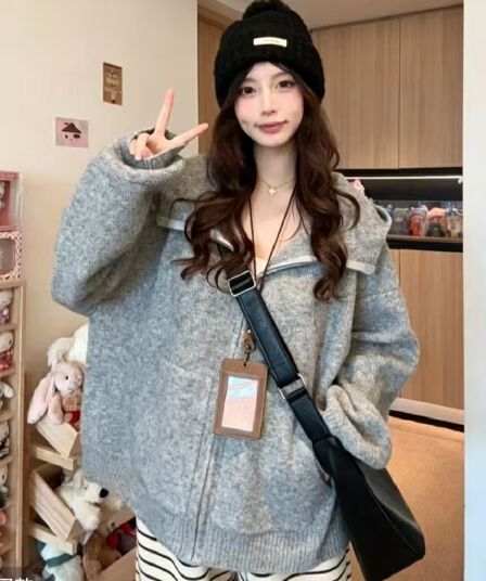 프랑스식 레트로 스타일 지퍼 후드 스웨터 여성 코트 가을 겨울 2026 새로운 플러스 두껍고 부드러운 찹쌀 니트 오픈 가디건 맨위