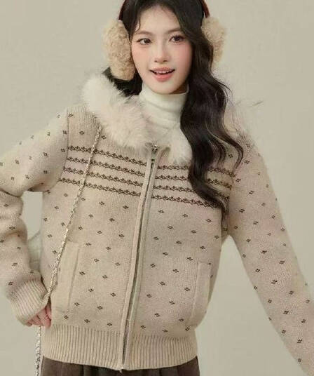 공정한 섬 후드 모피 칼라 지퍼 스웨터 여성 코트 가을 겨울 새로운 레트로 품격 두꺼운 쇼트 스타일 니트 오픈 가디건