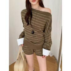 批发时尚套装女2026秋<b class='q'>冬</b>季新款韩系条纹斜肩针织宽松显瘦慵懒风两件套