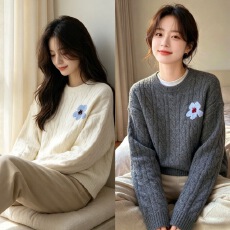 批发温柔风麻花针织衫女圆领花朵刺绣套头毛衣软糯秋冬季百搭显瘦上衣