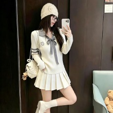 韩系学院风V领蝴蝶结针织衫女修身显瘦猫咪刺绣小翻领毛衣打底衫