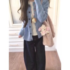 批发美式拼接复古蓝色针织开衫<b class='q'>毛衣</b>女秋季宽松显瘦设计感百搭慵懒外套