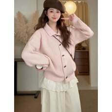 批发韩系慵懒坑条高领毛衣开衫女秋冬新款软糯牛角扣宽松显瘦外套<b class='q'>上衣</b>