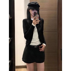 批发简约黑色假两件薄款修身针织开衫女2026秋季高知小资上衣通勤穿搭