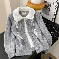 批发假两件菱形格纹麻花蝴蝶结针织开衫女秋<b class='q'>冬</b>新款宽松厚毛衣外套上衣