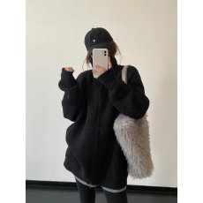 批发欧货重磅极简风立领拉链女2026秋<b class='q'>冬</b>款灰色保暖百搭毛绒绒开衫外套