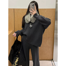 韩系毛领毛衣套装女围脖V领上衣+直筒裤慵懒风休闲套装潮