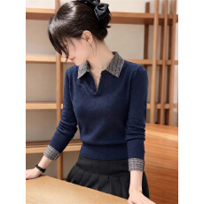 假两件拼接针织衫女秋季格纹翻领修身显瘦长袖打底上衣